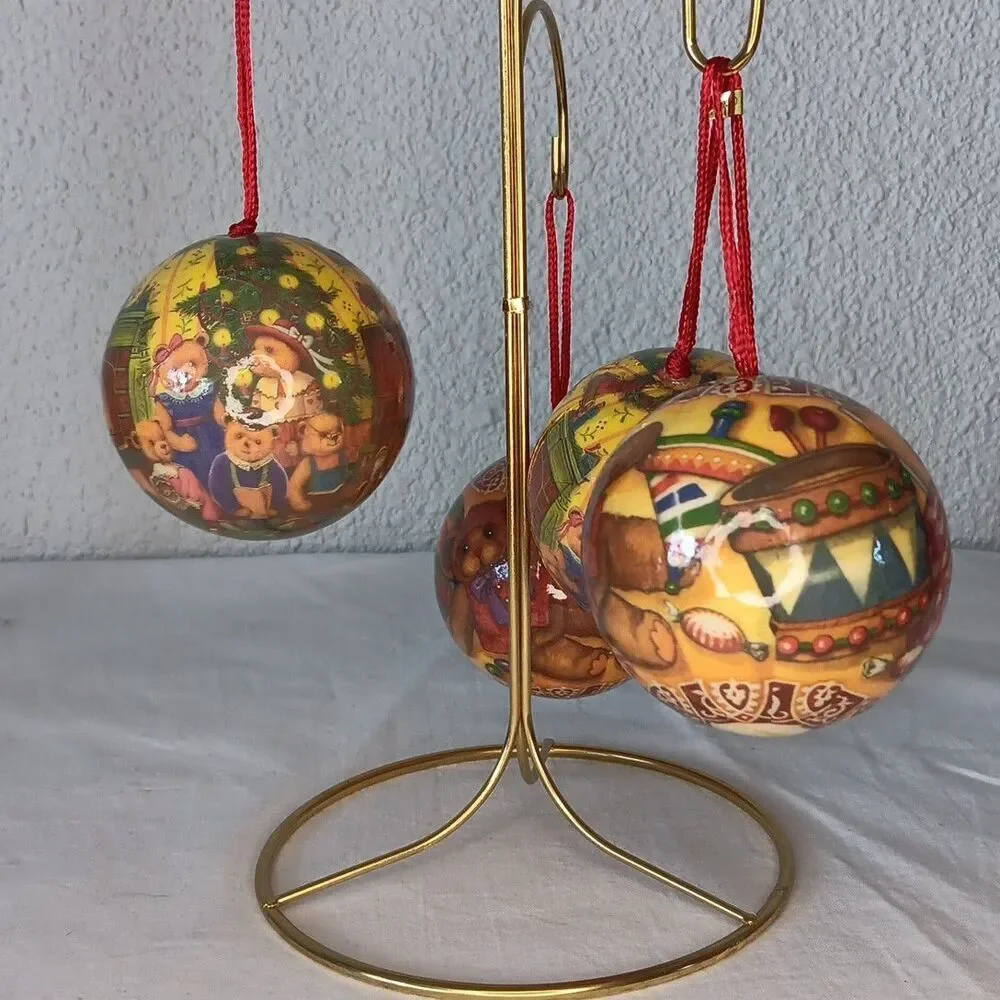 Vintage Decoupage Christmas Ornament Balls Bauble Teddy Bears Lot of 7